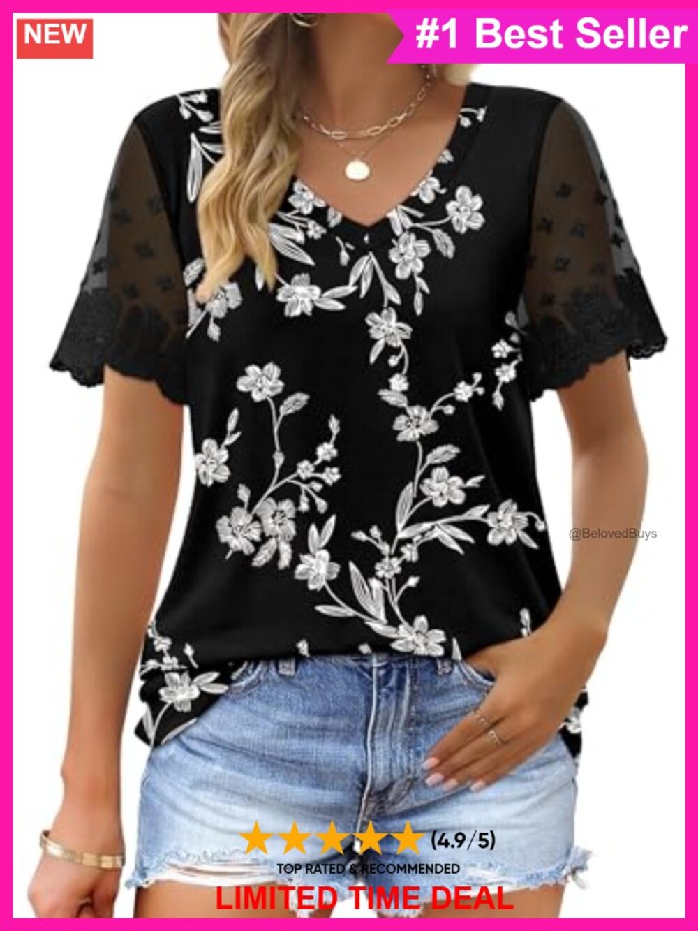 Women's V-Neck Lace Short Sleeve T-Shirt Loose Fit Curved Hem Casual Top